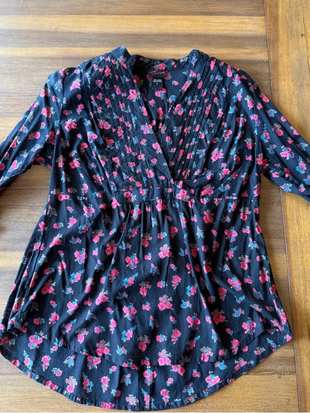 torrid Black Floral V-Neck Blouse with Pink and Teal Accents
